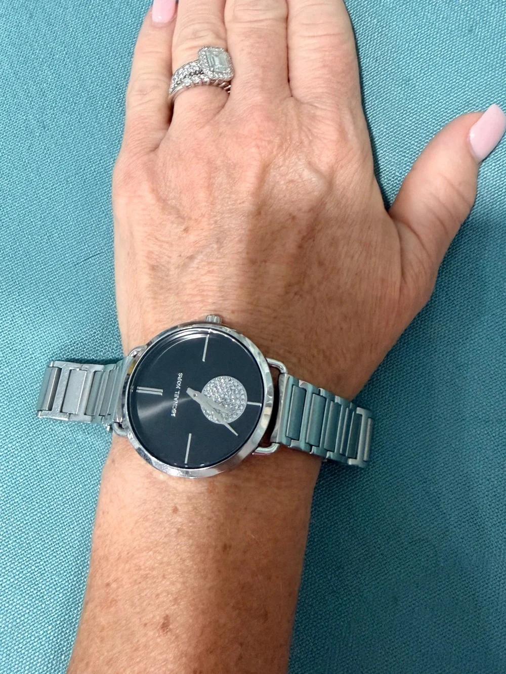 Michael Kors Men's Silver Watch with Black Dial and Crystal Accent